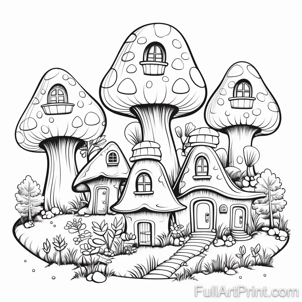Cute Mushroom Village Coloring Page