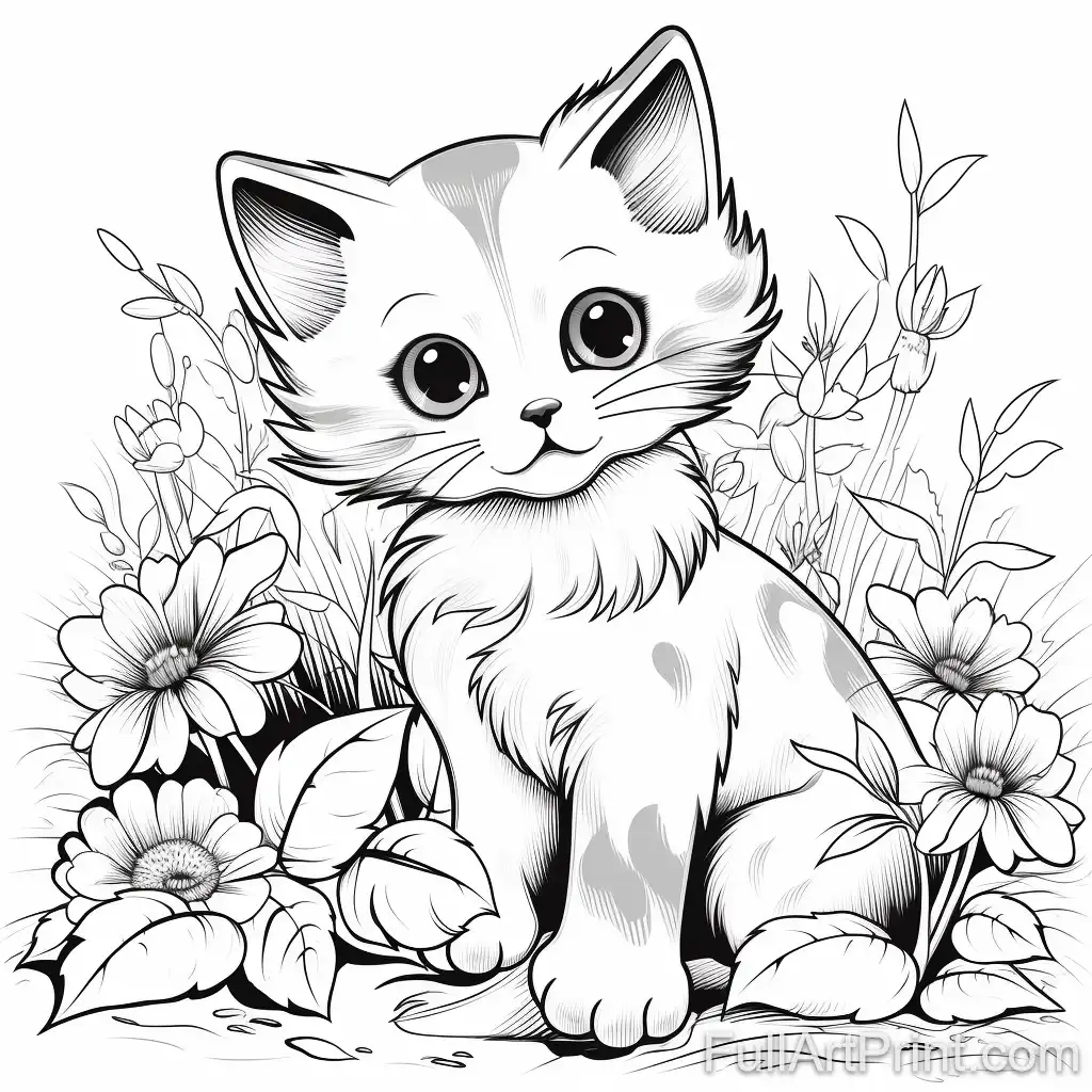 Kitten and Flower Garden Coloring Page
