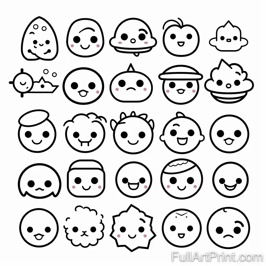 Playful Emoticons Kawaii Coloring Page