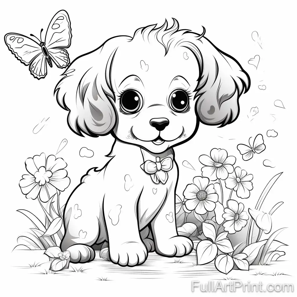 Puppy and Butterflies Coloring Page