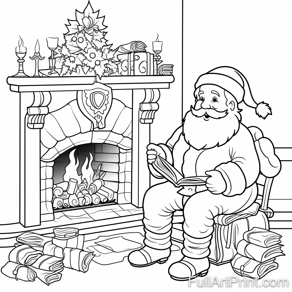 Santa by the Fireplace Coloring Page