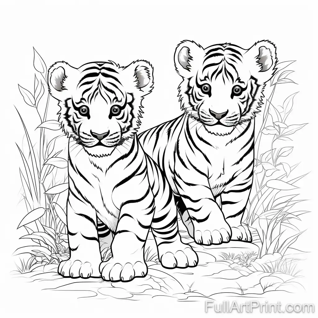 Tiger Cubs at Play Coloring Page