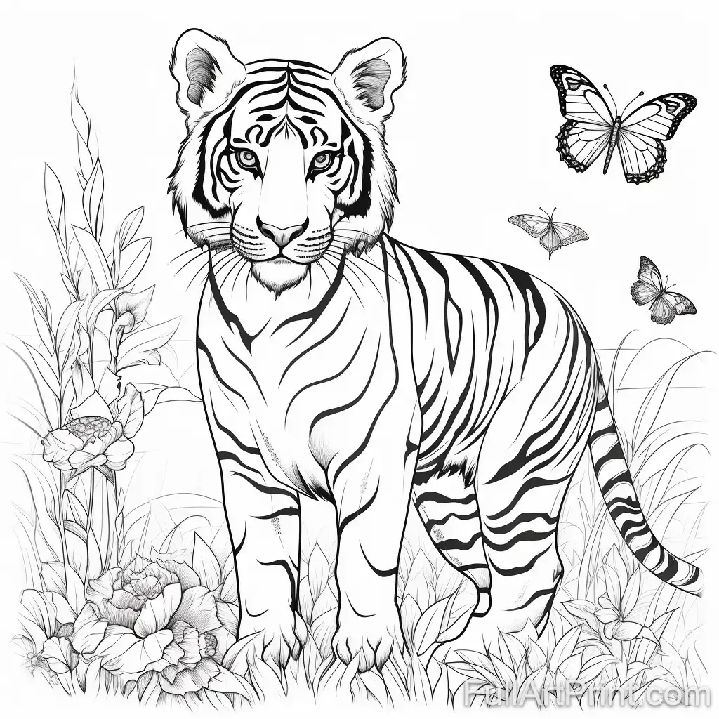 Tiger and Butterfly Coloring Page
